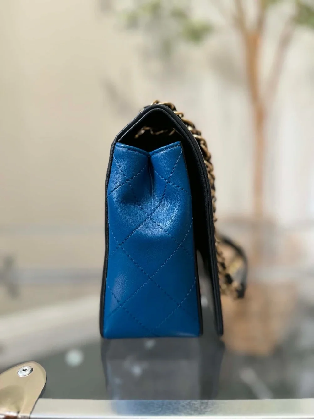 CHANEL Quilted Blue Center Panel Shoulder Bag with Black Trim
